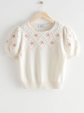 & Other Stories Cream Wool Blend Puff-Sleeve Sweater Pink Floral Embroidery, S